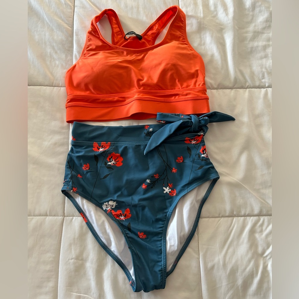 Two-Piece Floral High-Waist Bikini — Orange Top & Teal Floral Bottom